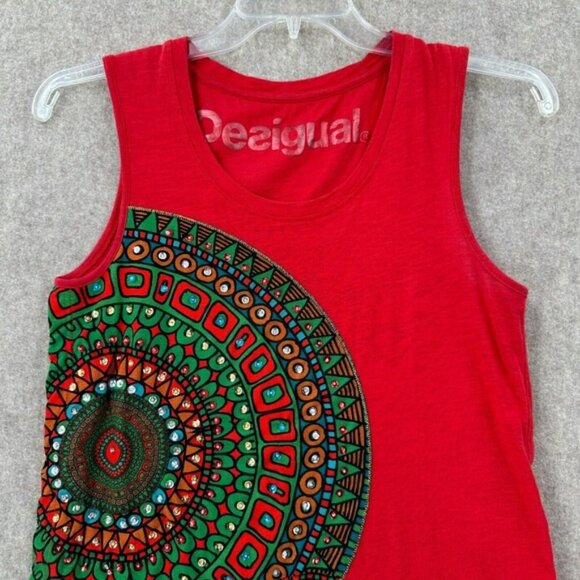 Desigual‎ Tank Top SMALL Artsy Sleeveless Vacation Resort wear Red Bling - Picture 3 of 11